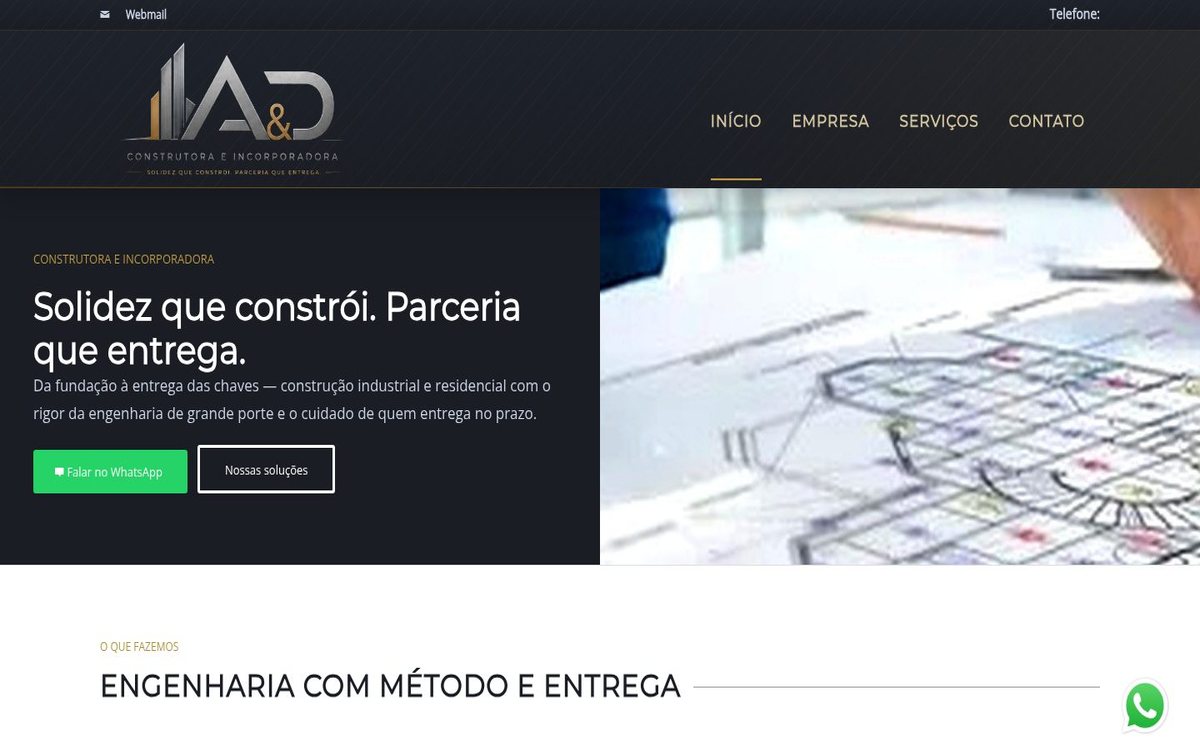 Site institucional da A&D Construtora desenvolvido pela Aria Desenvolvimentos Web
