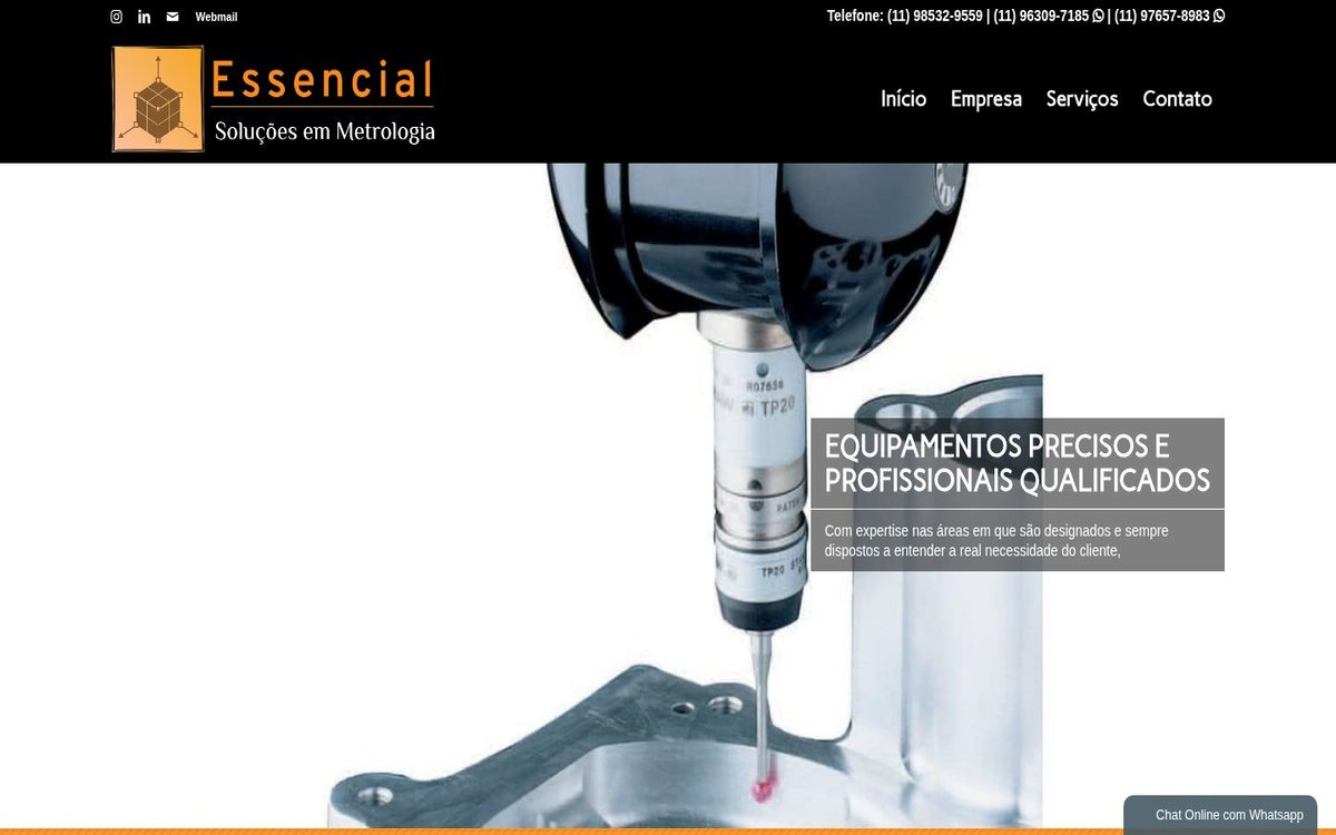 Site institucional da Essencial Metrologia desenvolvido pela Aria Desenvolvimentos Web